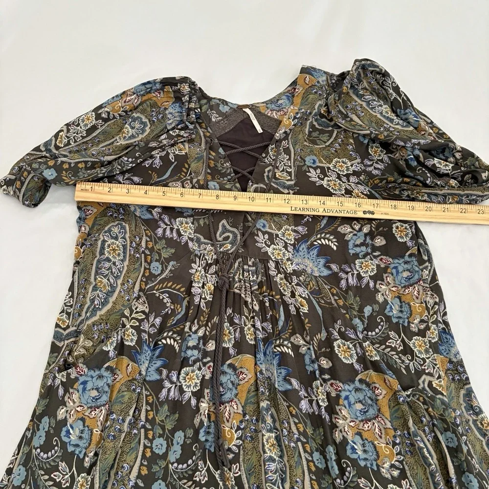 Free People Rain or Shine Tie Up‎ Tunic Dress Womens Gray Paisley Floral Medium